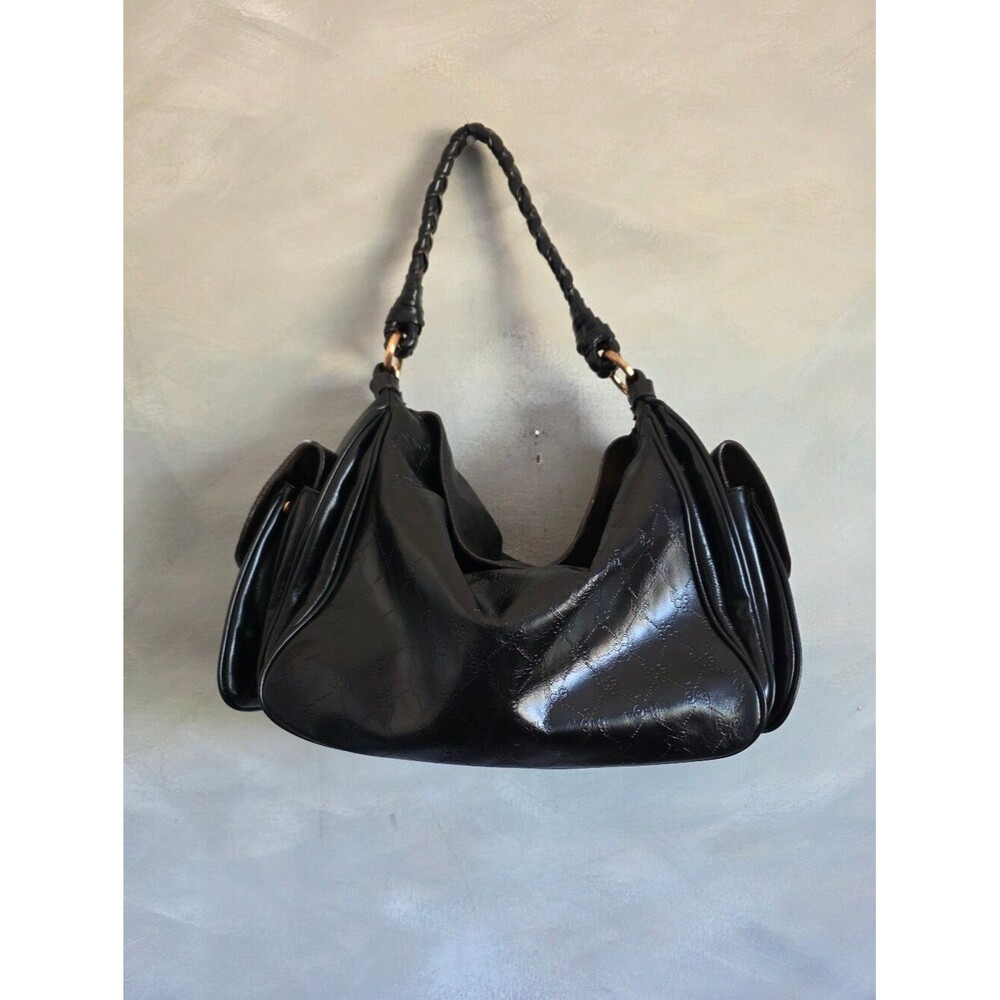 Bcbg Black Slouchy Hobo Braided Handle Subtle Monogram Pattern Shouldet Bag